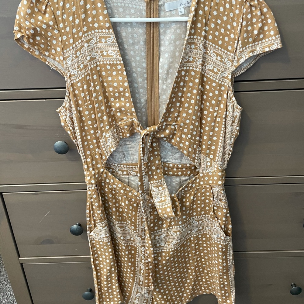 Honey colored front tie romper